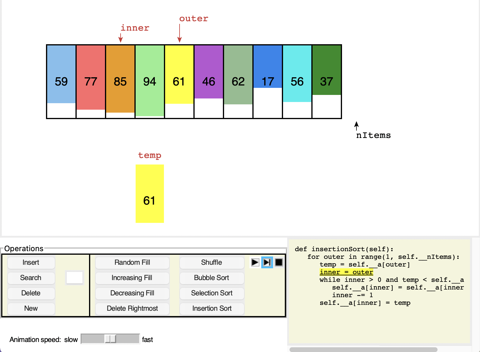 Screenshot during insertion sort